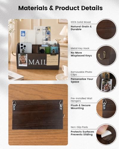 DLQuarts Solid Wood Mail Organizer Countertop or Wall Mounted, Dark Walnut - Image 5