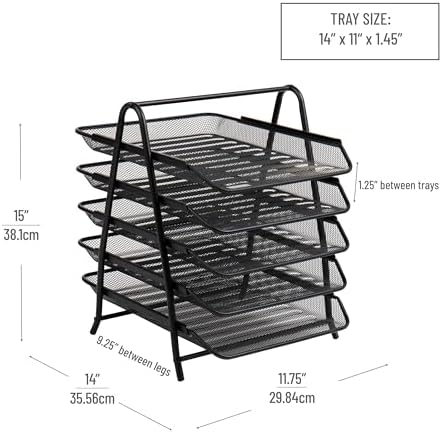 Mind Reader 5-Tier Paper Tray Organizer, Vertical Desktop File Storage Rack, Office, Metal Mesh, Black (Pack of 6) - Image 3