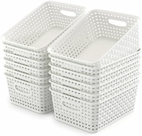 WYT 12-Pack Plastic Small Shelf Storage Weave Baskets for Organizing, White by WYT