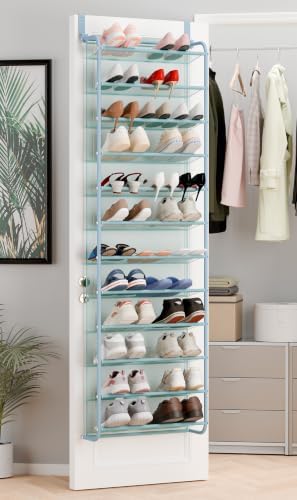 Whitmor 36 Pair Over the Door Shoe Rack,12 Tier Hanging Shoe Organizer with Metal Frame & Mesh shelves, Heavy Duty Shoe Storage Holder for Door,No Drill Installation, 74" H x 21.7" W x 7.5" D, Blue by Whitmor