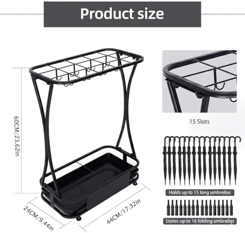 15 Slot Umbrella Stand with 8 Hooks – Heavy Duty Metal Indoor Umbrella Rack Holder with Removable Drip Tray – Large Commercial Entryway Organizer for Office, Lobby or Home - Image 3