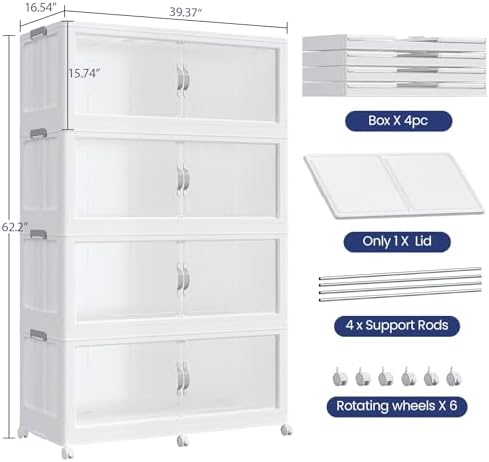 320GAL (1280QT) Collapsible Plastic Storage Bins with Lid & Wheels, Extra Large Stackable Closet Organizers Storage Boxes, Folding Cabinet for Home Kitchen Office, 4Pack White - Image 2