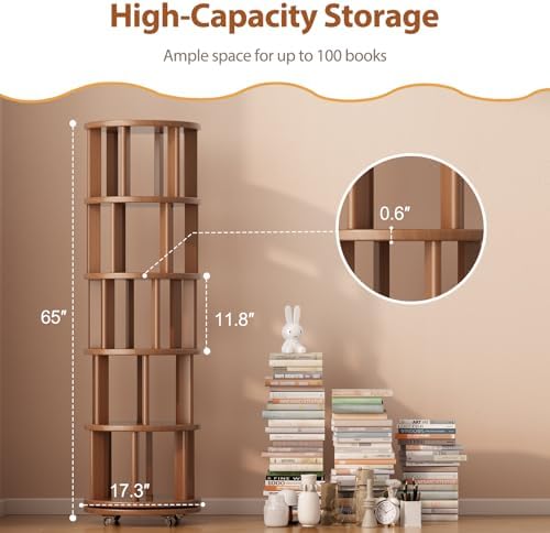 Muwuele 5 Tier Solid Wood Rotating Bookshelf Tower on Wheels, Walnut - Image 2