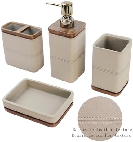Hymmah Leather Pattern Design Bathroom Accessories Set,Farmhouse Bathroom Decor,4 Pcs Resin Gift Set Apartment Necessities, Contain Cotton Swab Jar,Soap Dispenser,Tumbler，Soap Dish/Tray - Image 2