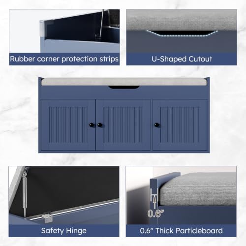 40" Storage Bench - Entryway Shoe Bench with 3 Doors and Top Storage Area, Multifunctional Entryway Bench with Lift Top Cushion, Shoe Storage Bench for Bedroom, Living Room, Navy Blue - Image 6
