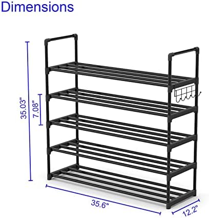 Hsscblet Shoe Rack for Closet, 5-Tier Metal Shelf Storage with Hooks, Black - Image 3