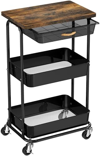 Simple Houseware 3-Tier Utility Cart with Drawer & Wood Top, Rustic Brown by SimpleHouseware