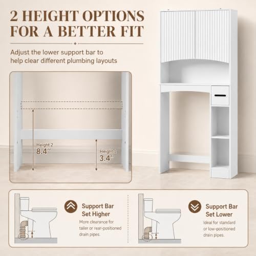 VINGLI Over-the-Toilet Storage Cabinet, 31.5" W White Bathroom Space Saver with Fluted Curved Doors, Adjustable Shelf, Reversible Side Shelving, Toilet Paper Holder and Anti-Tip Kit - Image 4