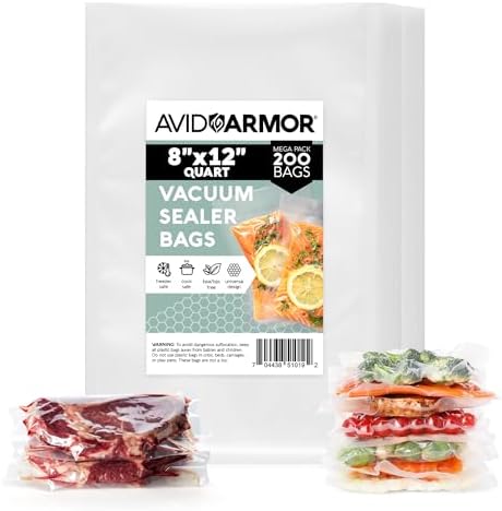 Avid Armor Vacuum Sealer Bags 200 Quart 8x12" For Food Saver, Commercial Grade, BPA Free, Heavy Duty, Pre-cut, for Vac Storage, Meal Prep, Sous Vide, or Dehydrated Freeze Dried Foods by AvidArmor