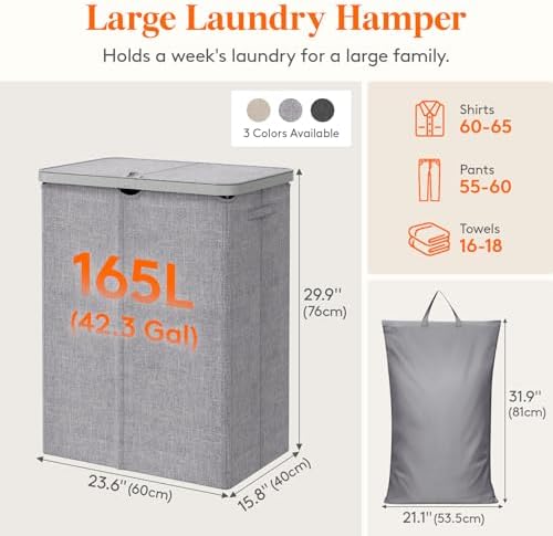 Lifewit 165L Large Laundry Basket with Lid, Laundry Hamper with Plastic Handles and Removable Bag, Foldable Tall Dirty Clothes Hampers for Laundry for Laundry Room, Bedroom, Bathroom, Dorm, Light Gray - Image 4