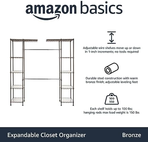 Amazon Basics Expandable Metal Hanging Closet Organizer and Storage Rack Wardrobe with Shelves, 57-80''L x 14''W x 72''H, Bronze - Image 3