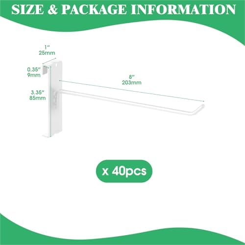 40Pcs 8" Gridwall Display Hooks Assortment Set, White Metal Grid Wall Panel Hanging Display Hook for Garage Shop Retail Storage, Wire Diameter 5mm/ 0.2” - Image 2