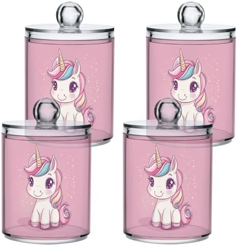 Fustylead 4 Pack Cute Cartoon Pink Unicorn Plastic Apothecary Jars with Lid, Bathroom Vanity Storage Organizer Canister for Qtip, Cotton Ball, Swab, Round Pads, Floss by Fustylead