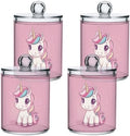 Fustylead 4 Pack Cute Cartoon Pink Unicorn Plastic Apothecary Jars with Lid, Bathroom Vanity Storage Organizer Canister for Qtip, Cotton Ball, Swab, Round Pads, Floss by Fustylead