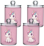 Fustylead 4 Pack Cute Cartoon Pink Unicorn Plastic Apothecary Jars with Lid, Bathroom Vanity Storage Organizer Canister for Qtip, Cotton Ball, Swab, Round Pads, Floss by Fustylead