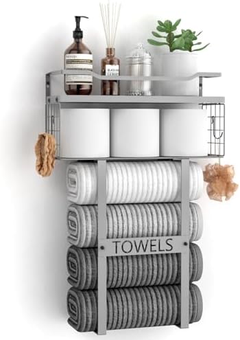 Towel Racks for Bathroom Wall Mounted - Bath Wall Towel Holder Set Above Toilet Storage, Rolled Towel Shelf Organizer for Small Bathroom, Wood Vertical Towel Rack for Bathroom Wall Decor Grey by Aetyord