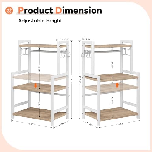 Kitchen Countertop Organizer, 3 Tier Large Spice Rack Organizer with Adjustable Shelf and 5 Hooks, Wooden Counter Organizer, Countertop Shelf Microwave Stand for Kitchen Coffee Bar, Light Coffee - Image 7