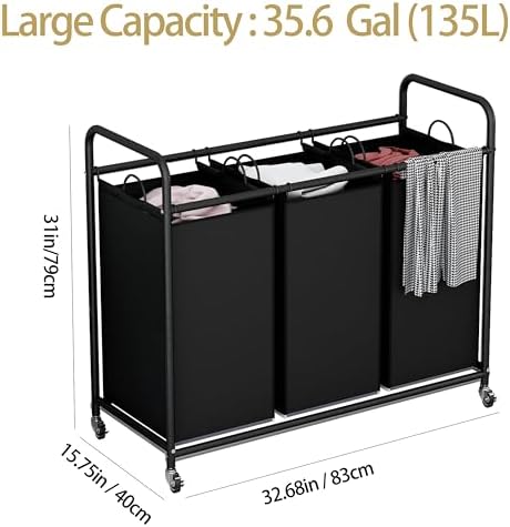 LINZINAR 3 Section Laundry Hamper, Black Laundry Basket 135L Laundry Sorter - Image 4