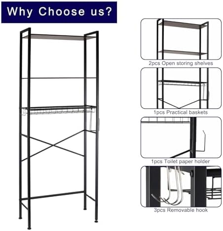 Over The Toilet Storage Rack, 3-Tier Bathroom Organizer Shelf with Toilet Paper Holder & 3 Hooks, Freestanding Metal Over Toilet Storage Shelves for Small Bathroom Spaces, Brown - Image 5