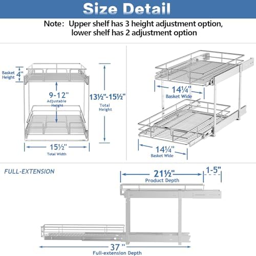 2 Tier Individual Pull Out Cabinet Organizer 15½" W x 21½" D, Heavy Duty Cabinet Pull Out Shelves, Slide Out Drawers Organization for Kitchen Cabinets Bathroom - Image 3