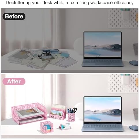 EasyPAG Desk Organizers and Accessories 5 Pieces Office Supplies Set - 2 Tier Paper Tray, Pencil Organizer for Desk, Mail Sorter Countertop, Business Card Holder and Sticky Note Holder, Pink - Image 5