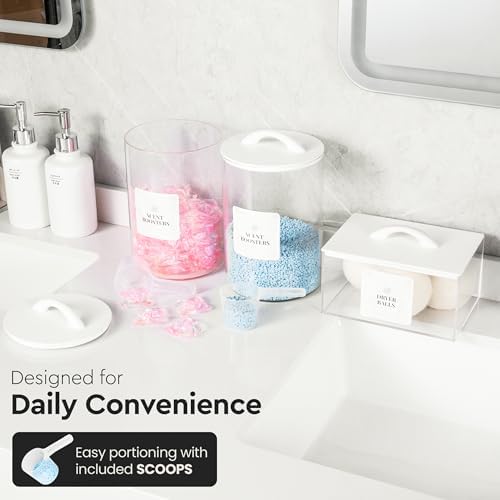 Laundry Pod Storage Container Set | Two 3L Glass Jars & One Acrylic Dryer Sheet Container with Bamboo Lids – Includes 2 Scoops, 60 Waterproof Laundry Labels – Dishwasher Safe - Image 6