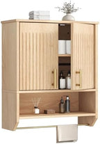 HOOBRO Narrow Bathroom Wall Cabinet with Towel Rack, Space Saving Medicine Cabinet for Small Spaces, Farmhouse Fluted Wall Storage Cabinet with Adjustable Shelf, Natural by HOOBRO