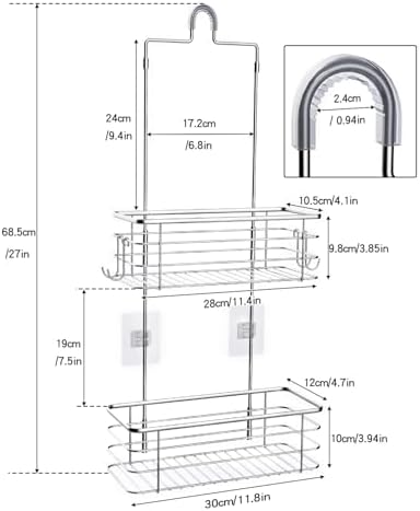 Hanging Shower Caddy, Stainless Steel, 2-Tier Bathroom Organizer Rack over Shower Head with 2 Hooks for Razor and Sponge - Image 2
