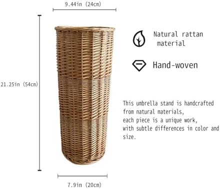 Natural Rattan Umbrella Stand for Entryway, 21.2H x 9.4L x 9.4W, Detachable Drip Tray & 2 Metal Hooks – Storage for Umbrellas, Canes & Walking Sticks, Stylish Home Decor - Image 3