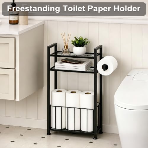 Black Freestanding Toilet Paper Holder Stand with Shelf and Roll Storage - Image 2