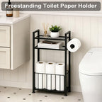 Black Freestanding Toilet Paper Holder Stand with Shelf and Roll Storage - Image 2