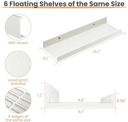 upsimples Floating Shelves for Wall Decor and Storage, White, 6Pcs 15.7'' - Image 3
