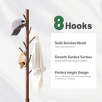 kiplant Bamboo Wood Coat Rack Stand, Freestanding Coat Tree with 8 Hooks, Hallway Entryway Hat Hanger Organizer Standing for Bedroom, Office, Clothes, Jackets, Bags, Umbrallas - Image 3