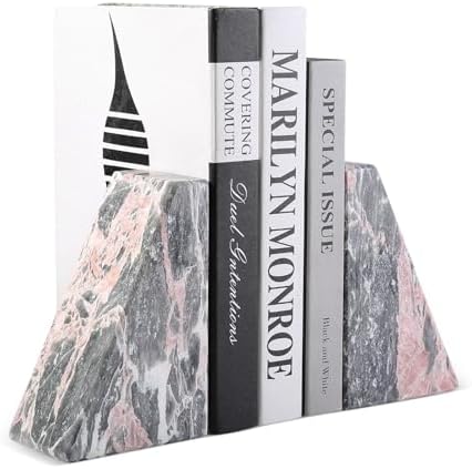Koville Marble Bookends for Shelves, Large Bookends for Heavy Books, Natural Stone Book Stopper for Books CD Movies, Aesthetic Decorative Book Ends (Grey&Pink) by Koville