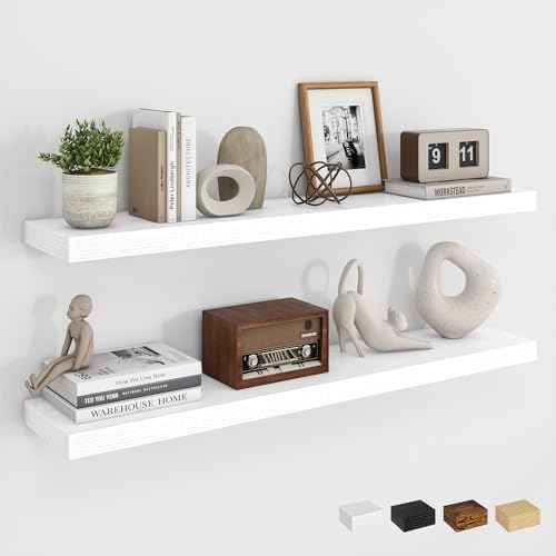 Dreamland 36Inch Floating Shelves for Wall, Rustic Wooden White Floating Shelves for Bathroom|Bedroom|Kitchen, Deep Wall Mounted Book Shelf, Wood Storage Display Shelf for Home Decor, Set of 2 by Dreamland