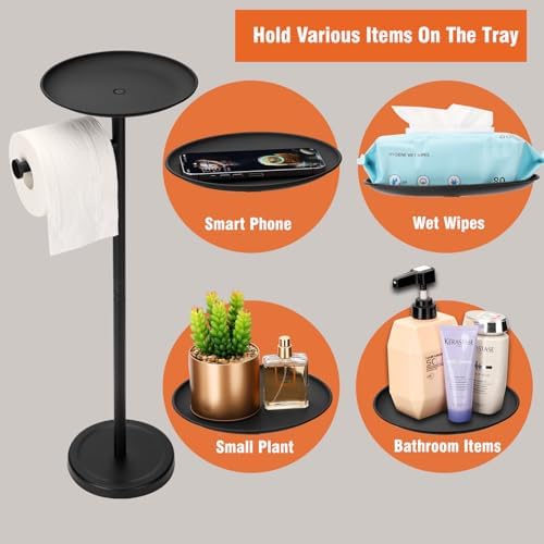 Tofix Freestanding Toilet Paper Holder with Shelf and Tray, Stainless Steel Base, Black - Image 4