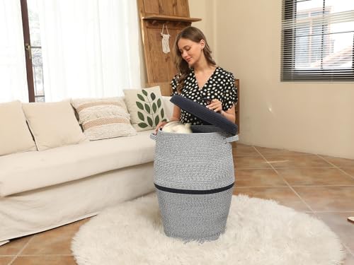 26"x20" Extra Large Tall Woven Laundry Basket with Lid, Cotton Rope Blanket Storage Basket, Freestanding Decorative Bin for Bedroom Living Room, Navy Blue Mix - Image 7