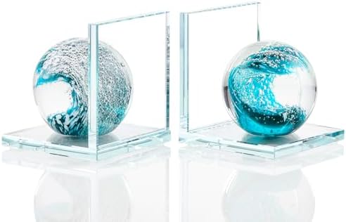 Arikyrist 1 Pair Crystal Bookends for Heavy Books with Dark Green Wave Ball by Arikyrist