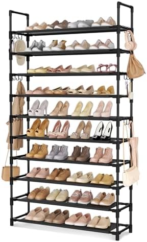 LANTEFUL Tall Shoe Rack 10 Tier Shoe Organizer Large Shoe Shelf with 18 Hooks Storage for 50 Pair, Stackable Vertical Shoe Rack Organizer for Closet, Entryway, Bedroom by LANTEFULforTidyingHouse