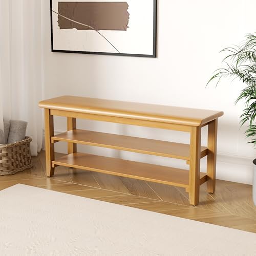 Shoe Rack Bench Mid Century Modern 2-Tier Shoe Rack Organizer for Entryway Hallway or Living Room Farmhouse Rustic Wooden Seat Bench Natural 11.8" Dx39.4 Wx16.5 H by YUUIJOAA