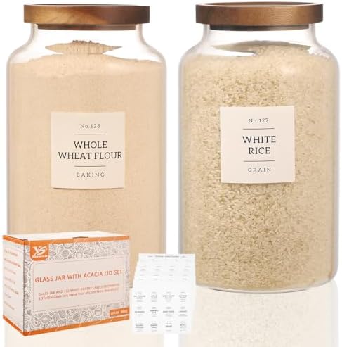 2 Pack Large Glass Flour and Sugar Storage Containers with Airtight Acacia Lids and 132 Kitchen Pantey Labels Preprint - 95 LF OZ Borosilicate Glass Canister Sets for Food,Spaghetti,Cookie,Rice by XOTAISM