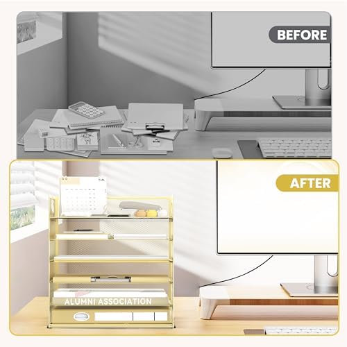 Daltack 6-Tier Paper Organizer for Desk with Handle, Gold - Image 7