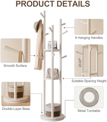 Muwuele Solid Wood Rotary Coat Rack, Freestanding Coat Rack with 3 Shelves and 9 Hooks, Coat tree for Bedroom, Entryway, Livingroom, Coat Hanger Stand for Coats, Scarves, Handbags (White) - Image 5