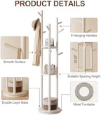 Muwuele Solid Wood Rotary Coat Rack, Freestanding Coat Rack with 3 Shelves and 9 Hooks, Coat tree for Bedroom, Entryway, Livingroom, Coat Hanger Stand for Coats, Scarves, Handbags (White) - Image 5