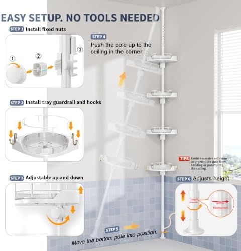 360° Rotating Tension Pole Caddy – 4-Tier Corner Shower Organizer, Height Adjustable 33"–124", Space-Saving for Bathroom, Kitchen Counter, Cabinet Gaps & Bathtub (white) - Image 3