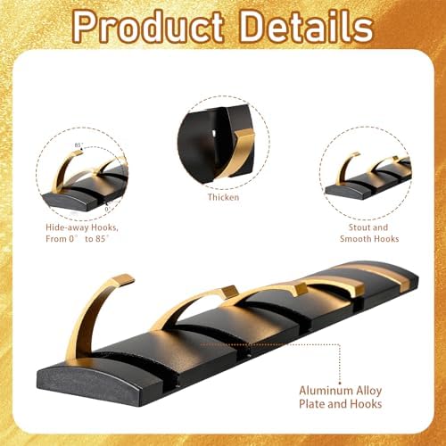 Wesiti 2 Pack Wall Mounted Coat Rack, 5 Foldable Hooks, Black Gold - Image 3