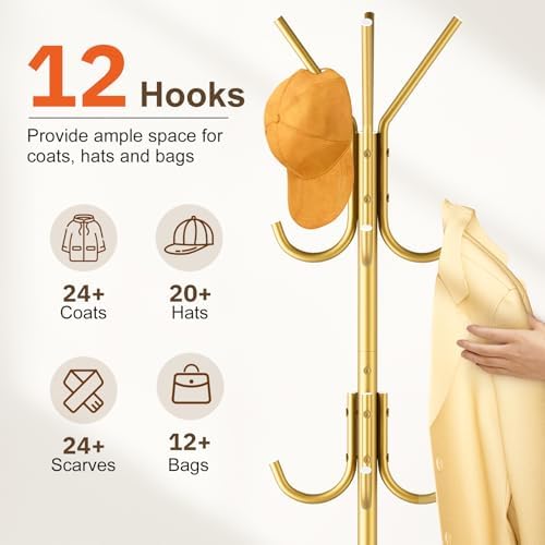 MISSLO Heavy Duty Coat Rack Freestanding with Stable Wood Base Modern Coat Tree with 12 Hooks Adjustable Coats Hanger Stand Stylish Standing Clothes Tree for Entryway Bedroom Corner Hall (Gold) - Image 4