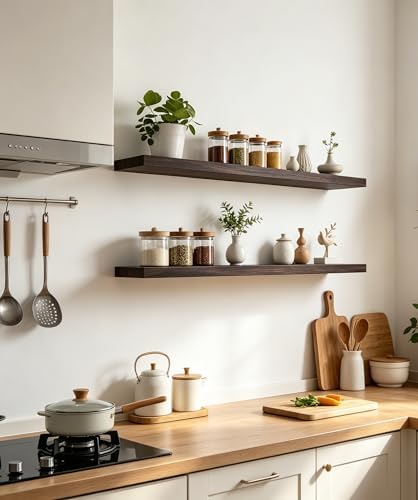 36 Inch Rustic Wood Floating Shelves Farmhouse Wooden Wall Shelves for Bathroom Bedroom Living Room Kitchen Office Set of 4 Brown - Image 5