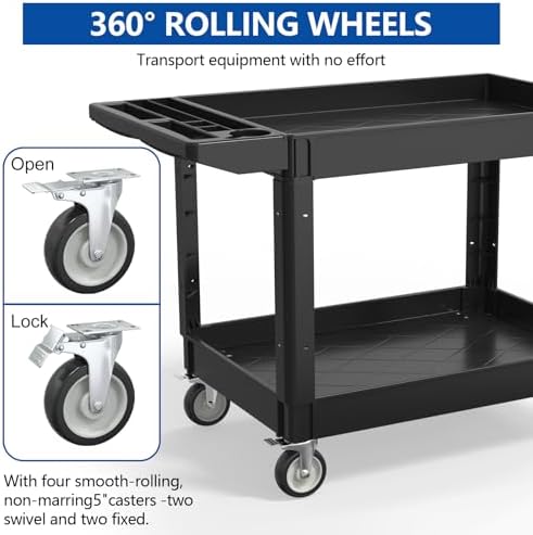 2 Tier Plastic Rolling Cart Utility Cart on Wheels, Heavy Duty Tool Carts with Ergonomic Storage Handle and Deep Shelfs, Work Cart Service Carts for Garage, Warehouse, Workshop, Office, Cleaning - Image 5