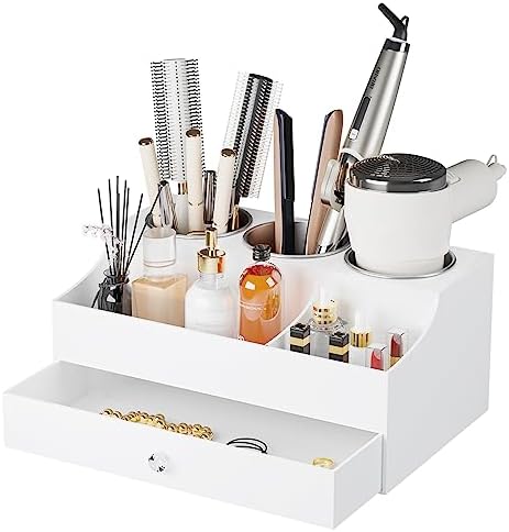 Hair Tool Organizer, Acrylic Hair Blow Dryer Holder Stand for Straightener and Curling Storage, Bathroom Vanity Countertop Organization for Makeup Accessories (White) by Messmenos